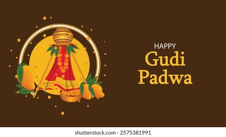 An artistic depiction of a Gudi Padwa celebration with a beautifully decorated Gudi (traditional flag), mango leaves, and a festive atmosphere. The greeting 'Happy Gudi Padwa' is prominently displayed