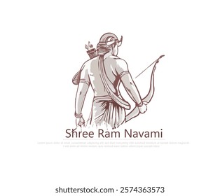 An artistic depiction of Lord Rama standing mightily with a bow on a mountain peak