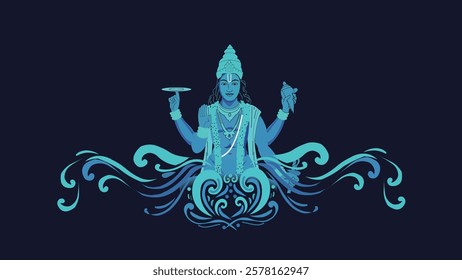 Artistic depiction of Lord Vishnu emerging from cosmic waves, holding the Sudarshan Chakra and Shankha, symbolizing divine balance, protection, and universal order