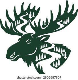 Artistic depiction of a moose with a forest and river integrated into its silhouette design