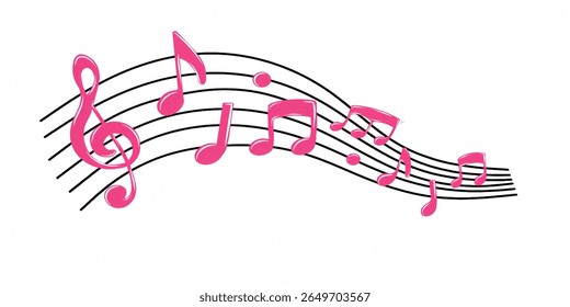 An artistic depiction of pink musical notes on a curved staff, evoking the beauty of music. Musical note vector