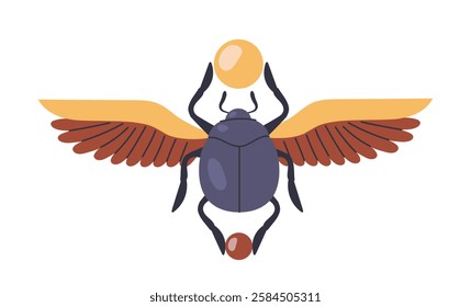 Artistic depiction of a scarab beetle with wide wings carrying a golden sphere, inspired by ancient Egyptian symbolism, isolated on white