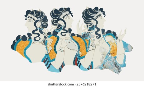 Artistic depiction of three women in ancient attire, featuring intricate hairstyles and patterns. The women are styled in a classical, historical fashion. Vintage woman illustration isolated, vector.