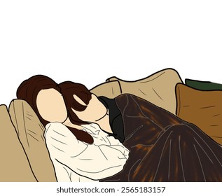 An artistic depiction of two individuals lying together in relaxation under a blanket on a couch, conveying warmth, friendship, and comfort.