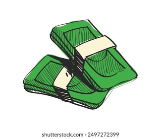 An artistic depiction of two stacks of green currency. The top stack is slightly offset, creating a cross shape with the bottom stack. Ideal for finance and banking