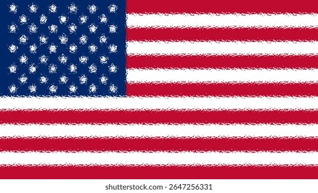 An artistic depiction of the United States flag featuring 50 white stars on a blue field and 13 red and white stripes, representing the 50 states and the original 13 colonies of the USA.