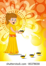 artistic design background with girl holding burning diya vector for deepawali & other indian festival