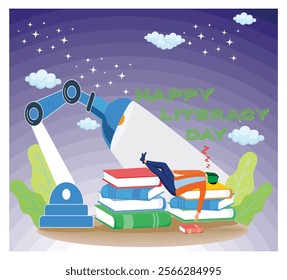 Artistic design celebrating Literacy Day, featuring books, starry background, and innovative elements promoting education and literacy awareness. Flat vector modern illustration 