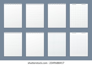 Artistic design clean notebook blank layout template. Paper sheets in flat style. Set of notebook with white paper on gray background. Realistic diary with metal spiral. Vector illustration, EPS 10.