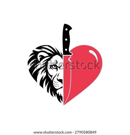 Artistic design combining a lion's face, a heart, and a knife in black, white, and red