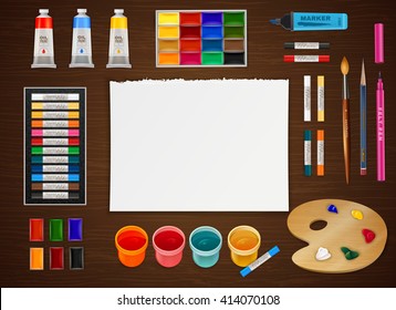 Artistic design concept with clean paper sheet in center and different art supplies in realistic style around at wooden easel vector illustration 