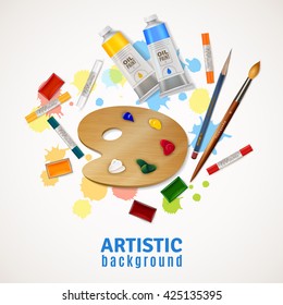 Artistic design concept with palette tubes of oil paints paintbrushes pencil highlighters at white background flat vector illustration 