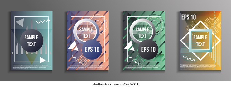 Artistic design of the cover. A set of modern abstract objects from elements of the Bauhaus style, a memphis and a hipster. Futuristic design for the background of business brochures, banners, posters