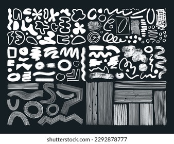 Artistic design elements set on chalkboard. Vector shapes, lines, brushes, waves and abstract objects. Perfect for collages, print, poster, card, wall art, cards. Minimalist forms modern art style