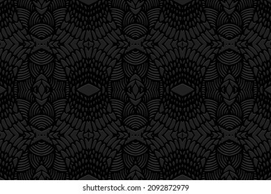 Artistic design embossed geometric black background. Vintage ethnic 3D pattern in handmade style. Motives of the peoples of the East, Asia, India, Mexico, Aztec.