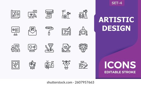 Artistic Design icon set. Contain linear sign paint, draw, artistic, artwork, graphic and more. Art And Design vector line icon set. Thin linear style icons. Minimalist editable vector illustration.