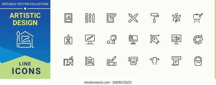 Artistic Design icon set. Included brush, artwork, graphic, draw, creativity and more. Art And Design icon set. Thin line icons set. Editable stroke. Vector collection.