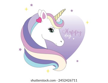 Artistic design, modern vector illustration with cute unicorn and heart, design to print on a shirt. Templates for celebration, ads, branding, banner, cover, label, poster, sales, mother's day.