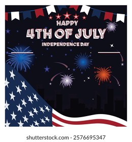 An artistic design perfect for Fourth of July celebrations, showcasing fireworks and American symbols with vivid colors and patriotic themes. Flat vector modern illustration 