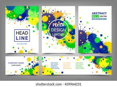 Artistic design set of 3 A4 size brochures, visiting card and horizontal banner. Flyer template collection. Abstract bright backgrounds made of blots. Brazilian flag colors. EPS 10 vector. Isolated.