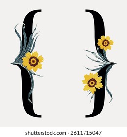 Artistic design with yellow flowers and black brackets. Floral elements intertwine with brackets, creating a symmetrical and decorative composition. Vintage font isolated vector.