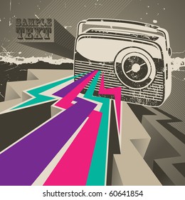 Artistic designed banner with retro radio. Vector illustration.