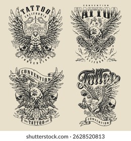Artistic designs from a tattoo convention featuring detailed illustrations of eagles roses and skulls. Created in a vintage style these designs capture the spirit of tattoo artistry.