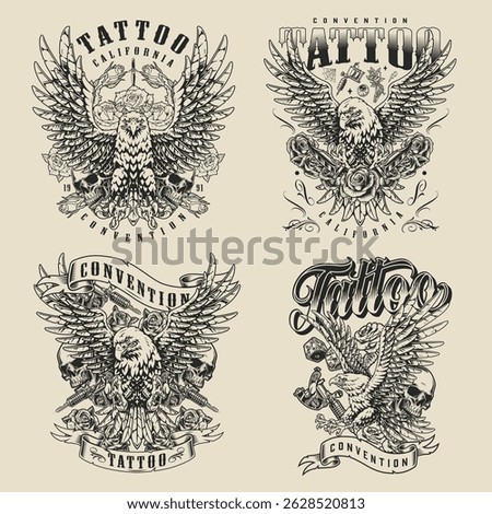 Artistic designs from a tattoo convention featuring detailed illustrations of eagles roses and skulls. Created in a vintage style these designs capture the spirit of tattoo artistry.