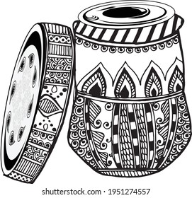 Artistic Detailed Musical Instrument tabla, Tambourine or dafli  Can Be Used for Song, Band, Carnival and Show. Vector illustration black and white clipart