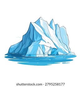 An artistic digital illustration depicting a massive blue and white iceberg floating on calm ocean water isolated against a white background