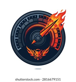 An artistic digital illustration featuring a high-speed gauge with a fiery needle and a stylized wolf emblem, representing power, speed, and performance.