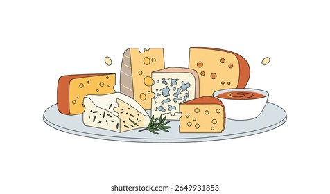Exibição artística de queijos variados, incluindo queijo azul gouda cheddar e parmesão com acompanhamentos