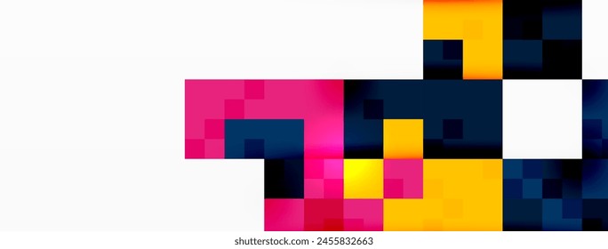 An artistic display of colorful squares in hues of purple, violet, magenta, and electric blue, creating a vibrant pattern on a white background