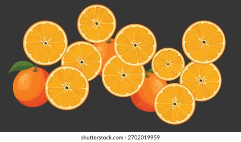Exibição artística de laranjas inteiras frescas e maduras e seções transversais vibrantes de fatias de laranja, revelando o interior suculento da fruta contra um pano de fundo escuro.