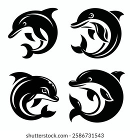 Artistic Dolphin Logos Featuring Black Silhouettes in Minimalistic Circular Designs