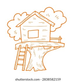 An artistic doodle of a rustic treehouse nestled in a tree with a ladder attached