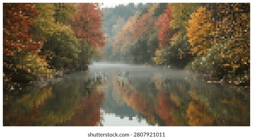 Artistic dotted vector landscape showing vibrant autumn foliage around misty lake with perfect water reflection and soft mountain backdrop at dawn.