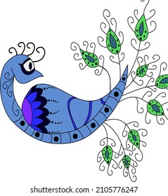 artistic drawing of blue peacock with feathers