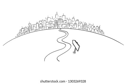 Artistic drawing of conceptual road or way winding forward leading to cityscape or big city on the horizon. Business concept.