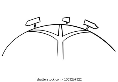 Artistic drawing of conceptual three way or road crossroad with directional arrows. Concept of options and decision.