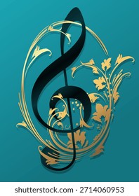Artistic drawing of a g clef surrounded by decorative floral designs on a blue background