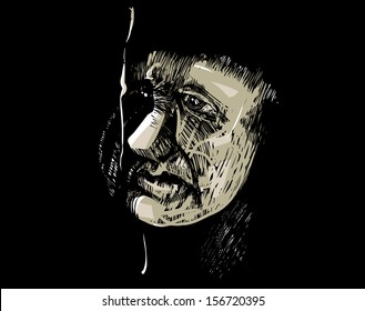 Artistic Drawing Illustration of Adult Man Face in the Darkness