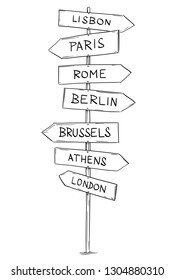 Artistic drawing of old wooden directional road arrow sign with western Europe city names. Berlin, London, Brussels, Rome, Athens, Lisbon, Paris.