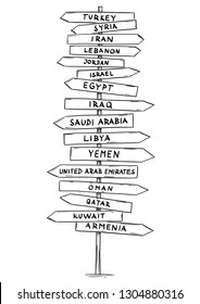 Artistic drawing of old wooden directional road arrow sign with names of Middle East or West Asia countries. Turkey, Egypt, Israel, Syria, Lebanon, Iraq, Iran and more.
