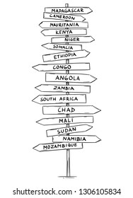 Artistic drawing of old wooden directional road arrow sign with names of some countries of Central and South Africa. Madagascar, Somalia, Sudan, Mali, Angola and more.