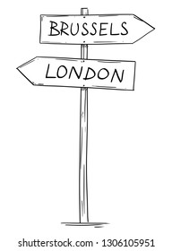 Artistic drawing of old wooden two directional road arrow sign with city London and Brussels texts. European Union and United Kingdom relations and Brexit Concept.