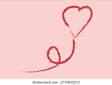 Artistic drawing of a red heart with a continuous line on a pastel pink background