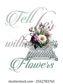 Artistic drawing of a typewriter with flowers and text. Concept illustration