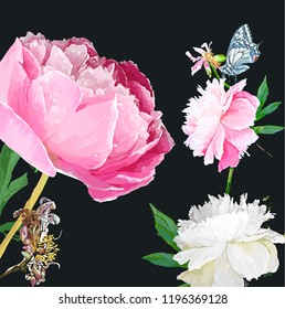 Artistic drawing in vector, not autotrace! A picturesque peony flower. Seasonal flower. Inflorescence and leaves. Hand drawing in a vector format.