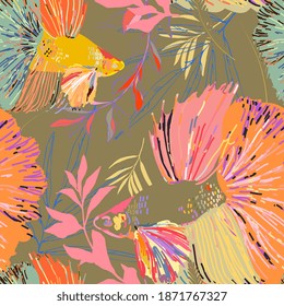 Artistic drawn fish and algae on a gray background. Hand-drawn seamless vector pattern. Orange, yellow, khaki green color Fish pond. Square design for fabric and wallpaper.